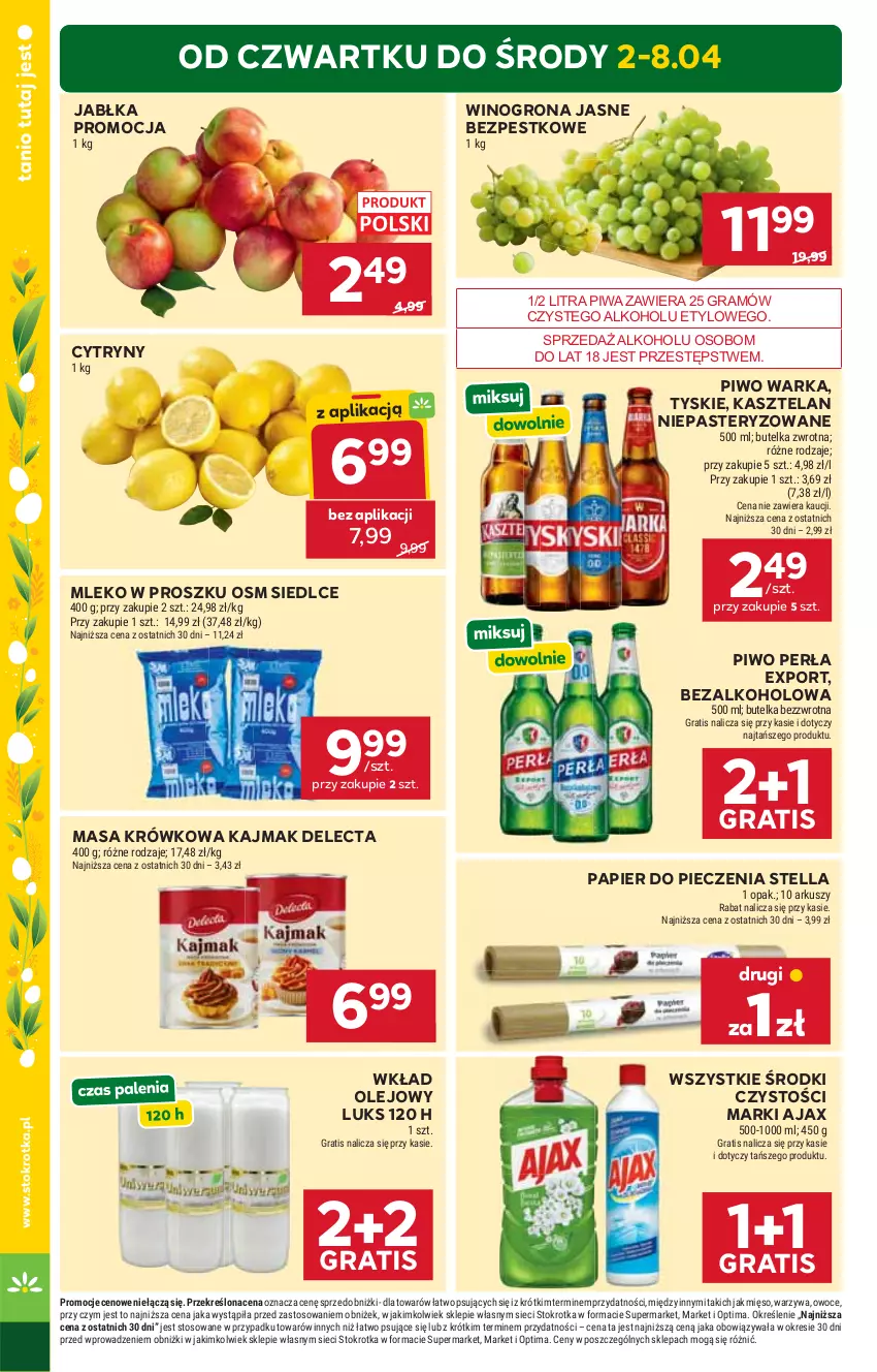 Gazetka promocyjna Stokrotka - Market - ważna 02.04 do 08.04.2026 - strona 4 - produkty: Ajax, Cytryny, Delecta, Gra, Jabłka, Kasztelan, Masa krówkowa, Mięso, Mleko, Mleko w proszku, Olej, Optima, Owoce, Papier, Papier do pieczenia, Perła, Piec, Piwa, Piwo, Por, Tyskie, Warka, Warzywa, Wino, Winogrona, Wkład olejowy