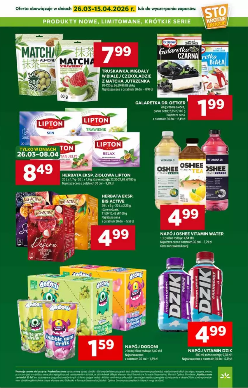 Gazetka promocyjna Stokrotka - Market - ważna 02.04 do 08.04.2026 - strona 44 - produkty: Dr. Oetker, Gala, Galaretka, Herbata, Jutrzenka, Lipton, Migdały, Napój, Oshee, Owoce, Panna cotta, Warzywa