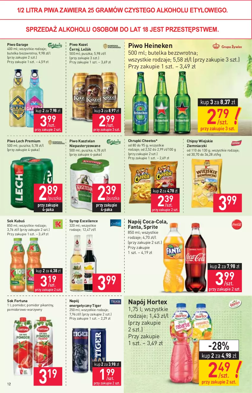 Gazetka promocyjna Stokrotka - Supermarket - ważna 02.06 do 09.06.2021 - strona 12 - produkty: Cheetos, Chipsy, Chrupki, Coca-Cola, Fa, Fanta, Fortuna, Gra, Heineken, Hortex, Kasztelan, Kozel, Kubuś, Lech Premium, Napój, Napój energetyczny, Piwa, Piwo, Sok, Sprite, Syrop, Tiger