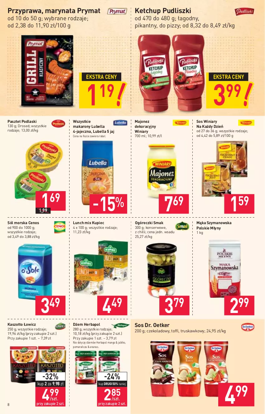 Gazetka promocyjna Stokrotka - Supermarket - ważna 02.06 do 09.06.2021 - strona 8 - produkty: Ananas, Bell, Bella, Cenos, Dr. Oetker, Dżem, Herbapol, Ketchup, Kupiec, Lubella, Majonez, Mąka, Makaron, Mango, Pasztet, Piec, Podlaski, Polskie Młyny, Prymat, Pudliszki, Ser, Sól, Sos, Winiary, Zott