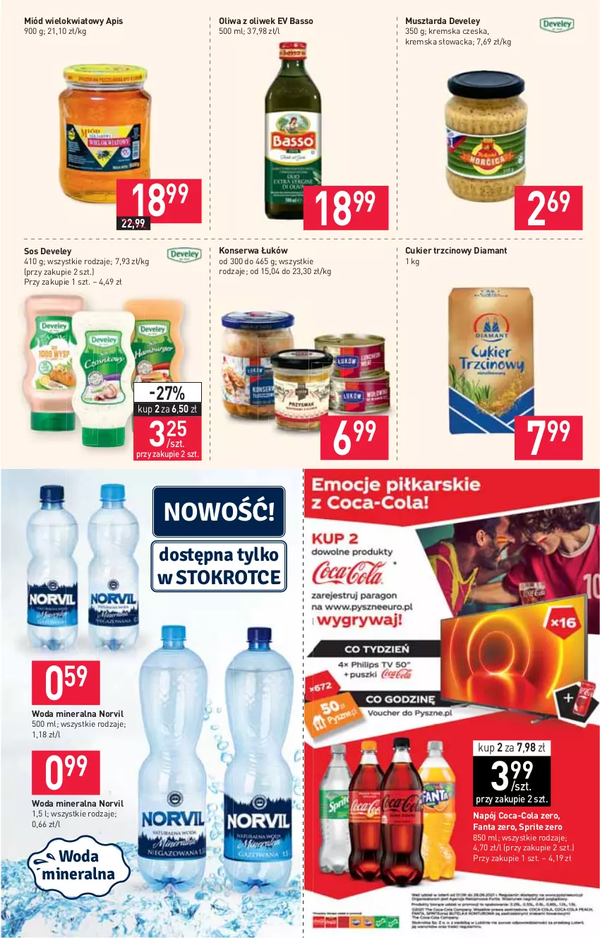 Gazetka promocyjna Stokrotka - Supermarket - ważna 02.06 do 09.06.2021 - strona 9 - produkty: Coca-Cola, Cukier, Cukier trzcinowy, Diamant, Fa, Fanta, Miód, Mus, Musztarda, Napój, Oliwa z oliwek, Ser, Sos, Sprite, Woda, Woda mineralna