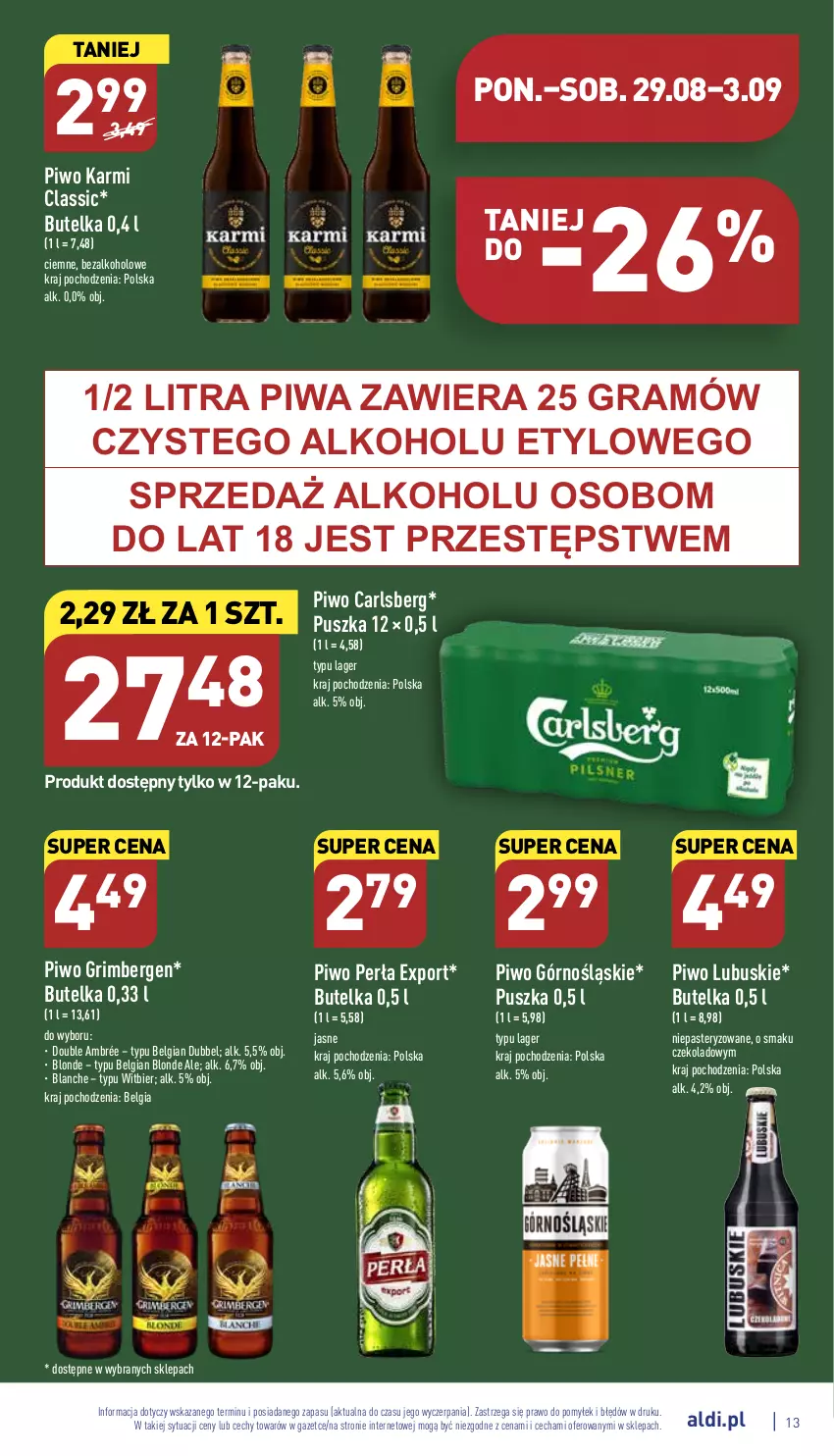 Gazetka promocyjna Aldi - Katalog spożywczy - ważna 29.08 do 03.09.2022 - strona 13 - produkty: Carlsberg, Gra, Karmi, LG, Perła, Piwa, Piwo, Por