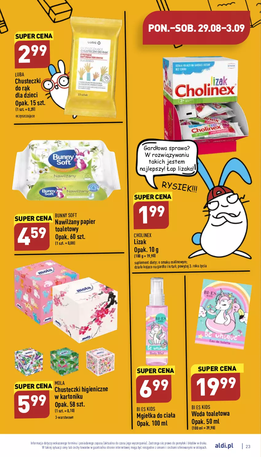 Gazetka promocyjna Aldi - Katalog spożywczy - ważna 29.08 do 03.09.2022 - strona 23 - produkty: Chusteczki, Dzieci, Mola, Nawilżany papier, Papier, Papier toaletowy, Suplement diety, Tonik, Woda, Woda toaletowa