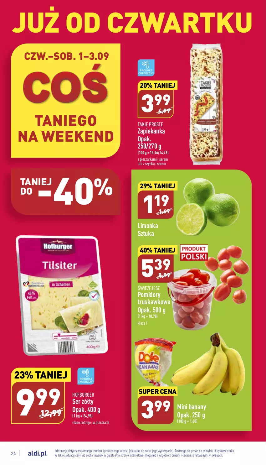 Gazetka promocyjna Aldi - Katalog spożywczy - ważna 29.08 do 03.09.2022 - strona 24 - produkty: Banany, Burger, Hofburger, Limonka, Mini banany, Piec, Pieczarka, Pomidory, Ser, Zapiekanka