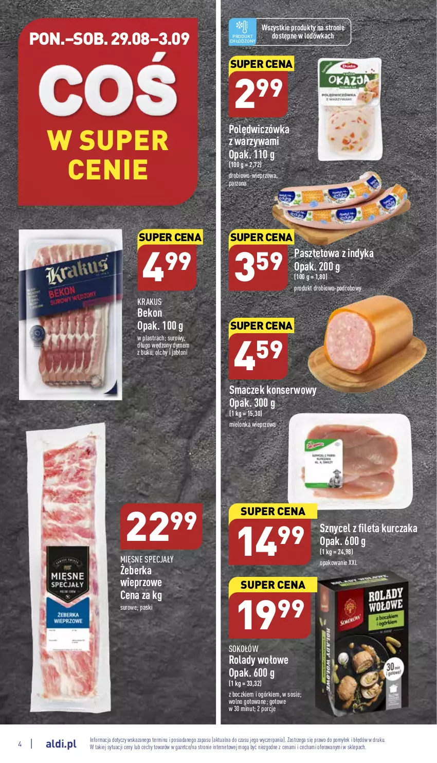 Gazetka promocyjna Aldi - Katalog spożywczy - ważna 29.08 do 03.09.2022 - strona 4 - produkty: Beko, Krakus, Kurczak, Lodówka, Mięsne specjały, Pasztet, Por, Ser, Sok, Sokołów, Sos, Warzywa