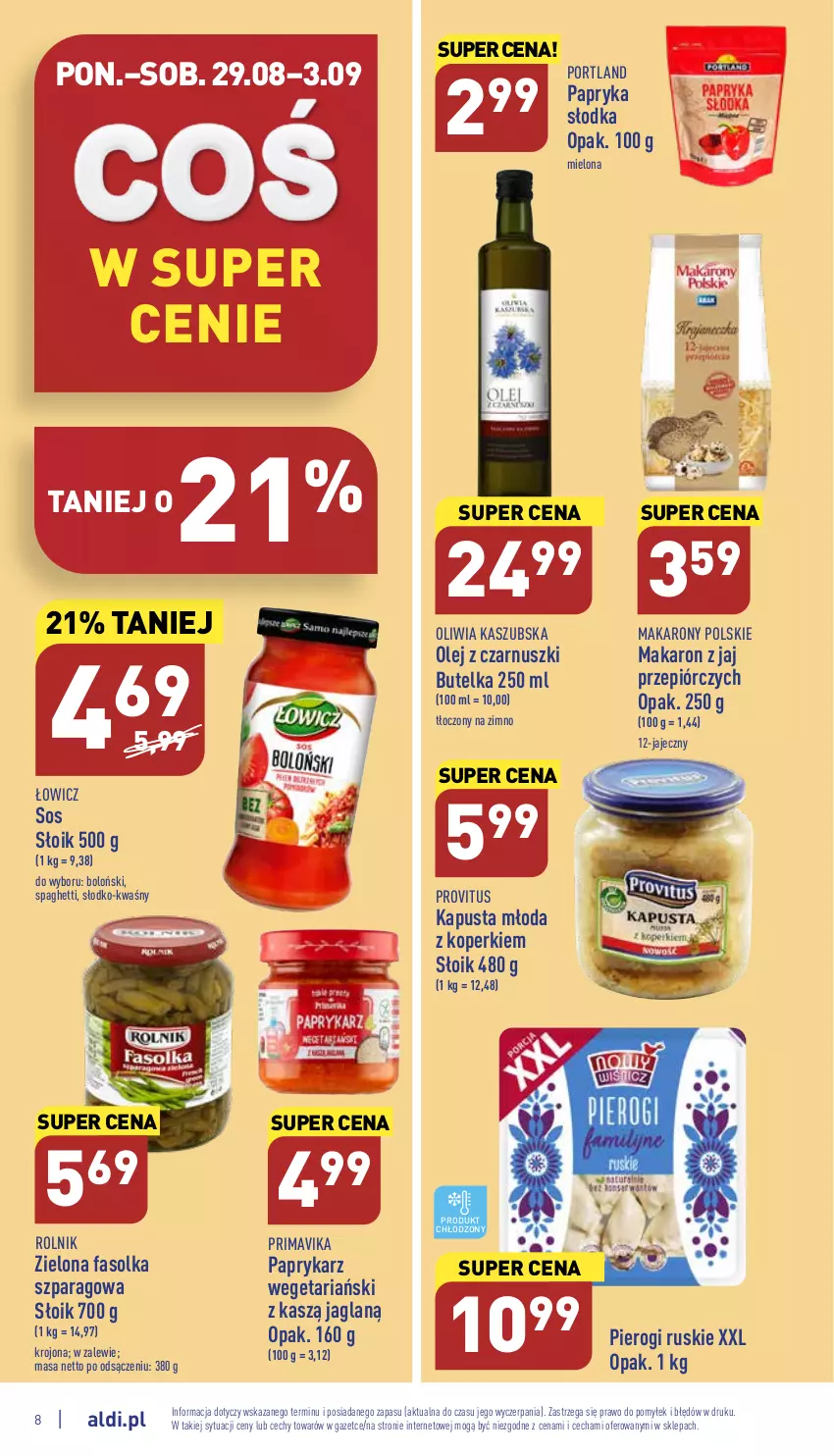 Gazetka promocyjna Aldi - Katalog spożywczy - ważna 29.08 do 03.09.2022 - strona 8 - produkty: Fa, Makaron, Olej, Olej z czarnuszki, Papryka, Papryka słodka, Paprykarz, Pierogi, Por, Prima, Primavika, Rolnik, Sos, Spaghetti