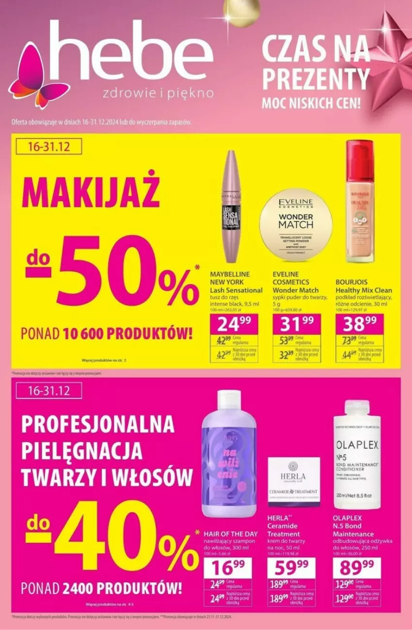 Gazetka promocyjna Hebe - ważna 16.12 do 31.12.2024 - strona 1 - produkty: Bell, Bourjois, Eveline, Lack, Maybelline, Podkład, Puder, Puder do twarzy, Sati, Tusz