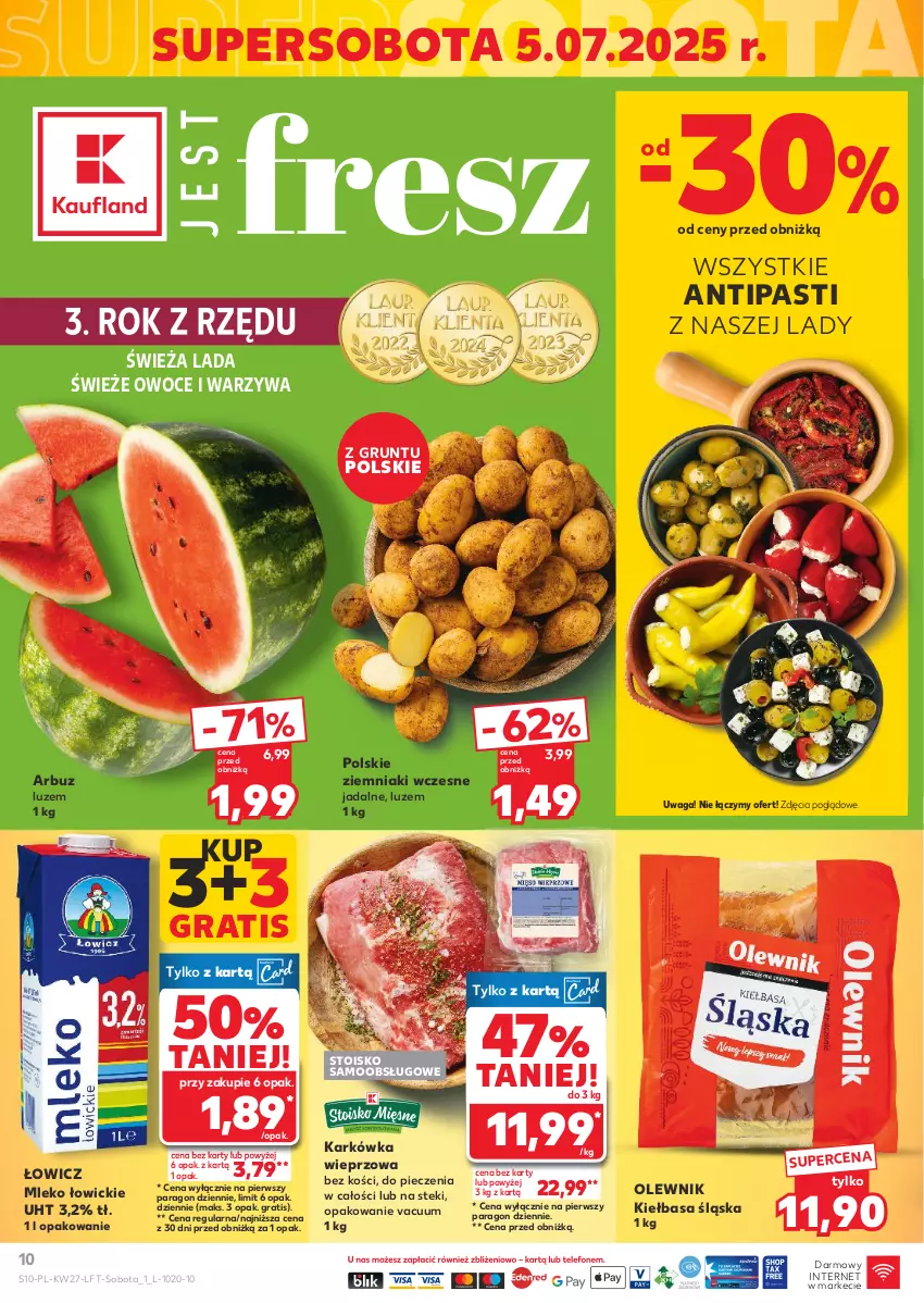 Gazetka promocyjna Kaufland - Gazetka tygodnia - ważna 03.07 do 09.07.2025 - strona 10 - produkty: Arbuz, Gra, Grunt, Karkówka wieprzowa, Kiełbasa, Kiełbasa śląska, Mleko, Olewnik, Owoce, Piec, Stek, Waga, Warzywa, Ziemniaki