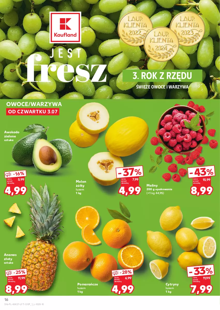 Gazetka promocyjna Kaufland - Gazetka tygodnia - ważna 03.07 do 09.07.2025 - strona 16 - produkty: Ananas, Cytryny, Maliny, Melon, Owoce, Pomarańcze, Warzywa