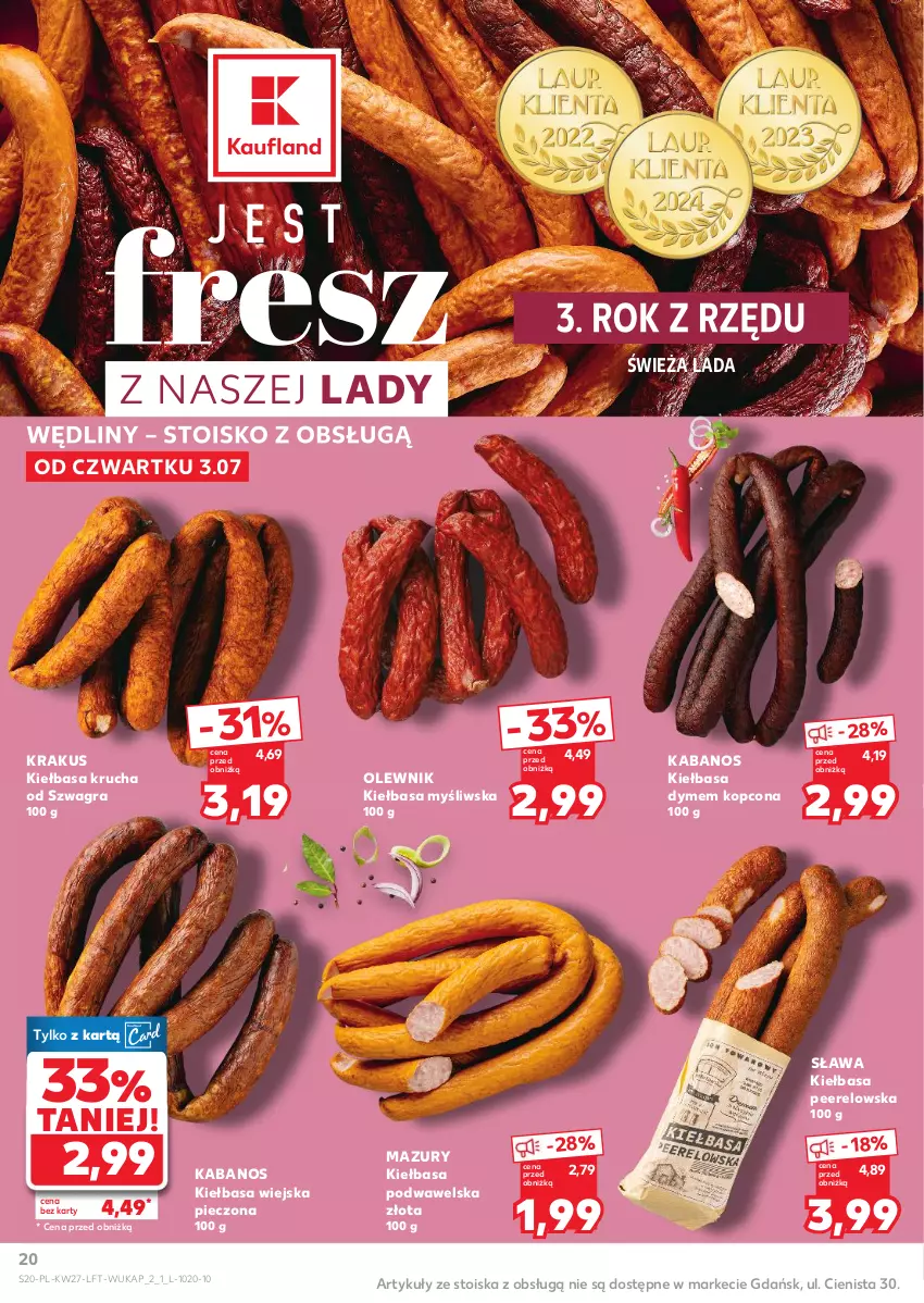 Gazetka promocyjna Kaufland - Gazetka tygodnia - ważna 03.07 do 09.07.2025 - strona 20 - produkty: Gra, Kabanos, Kiełbasa, Kiełbasa krucha, Kiełbasa podwawelska, Kiełbasa wiejska, Krakus, Olewnik, Piec, Wawel