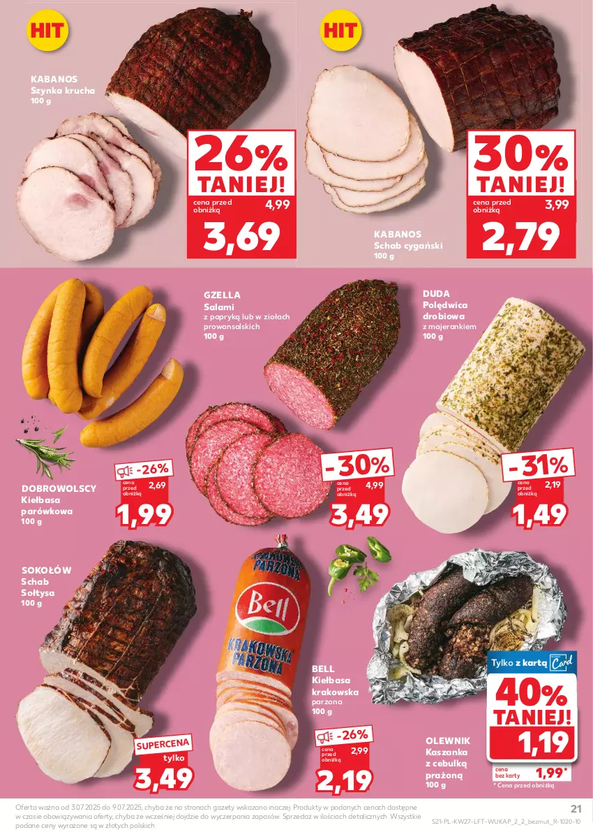 Gazetka promocyjna Kaufland - Gazetka tygodnia - ważna 03.07 do 09.07.2025 - strona 21 - produkty: Bell, Duda, Kabanos, Kasza, Kaszanka, Kiełbasa, Kiełbasa krakowska, Olewnik, Polędwica, Salami, Sok, Sokołów, Szynka