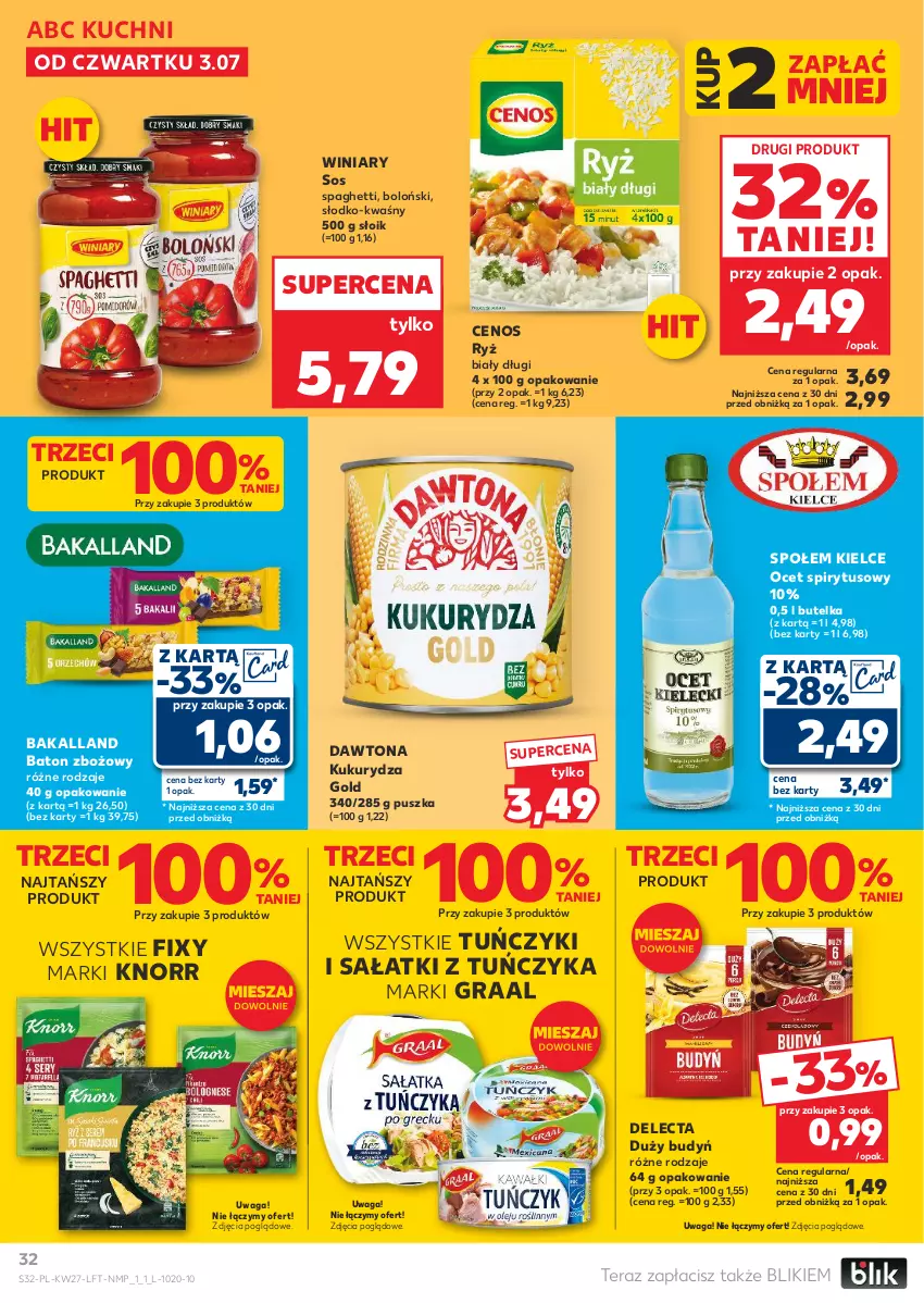 Gazetka promocyjna Kaufland - Gazetka tygodnia - ważna 03.07 do 09.07.2025 - strona 32 - produkty: Bakalland, Baton, Budyń, Cenos, Dawtona, Delecta, Gra, Graal, Knorr, Kukurydza, Ocet, Ryż, Sałat, Sos, Spaghetti, Tera, Tuńczyk, Waga, Winiary