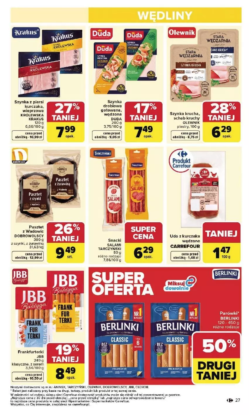 Gazetka promocyjna Carrefour - Gazetka Carrefour, Market od poniedziałku! - ważna 26.01 do 31.01.2026 - strona 29 - produkty: Duda, Fa, Frankfurterki, Krakus, Kurczak, Olewnik, Pasztet, Salami, Ser, Szynka, Tarczyński