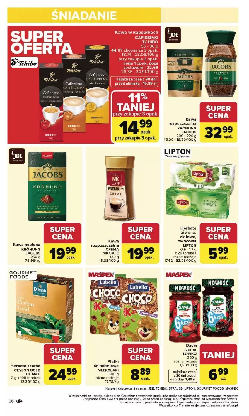 Gazetka promocyjna Carrefour - Gazetka Carrefour, Market od poniedziałku! - ważna 26.01 do 31.01.2026 - strona 38 - produkty: Cafissimo, Danio, Dilmah, Fa, Herbata, Herbata czarna, Jacobs, Kawa, Kawa mielona, Kawa rozpuszczalna, LG, Lipton, Tchibo