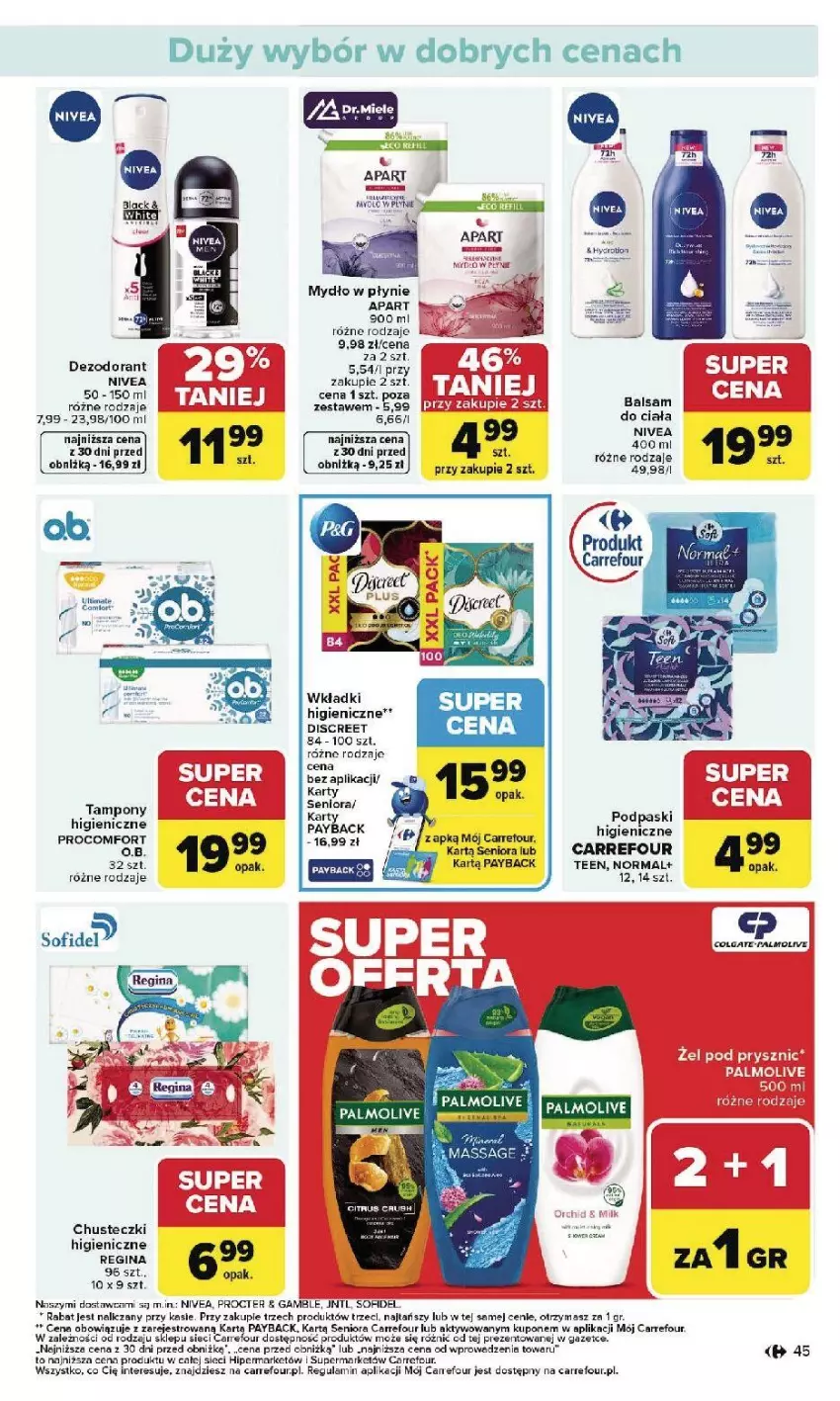 Gazetka promocyjna Carrefour - Gazetka Carrefour, Market od poniedziałku! - ważna 26.01 do 31.01.2026 - strona 47 - produkty: Balsam do ciała, Chusteczki, Dezodorant, Discreet, Fa, Gin, LG, Mydło, Mydło w płynie, Nivea, O.B., Podpaski, Tampony, Tefal