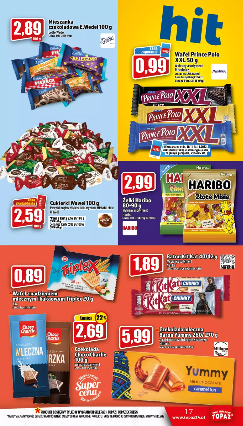 Gazetka promocyjna Topaz - Gazetka - ważna 10.11 do 16.11.2022 - strona 17 - produkty: Baton, Cukier, Cukierki, Czekolada, Czekolada mleczna, Haribo, Kakao, Kit Kat, Sok, Top, Wawel