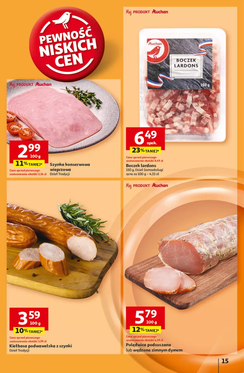 Gazetka promocyjna Auchan - Pewność Niskich Cen Hipermarket - ważna 03.10 do 09.10.2024 - strona 17 - produkty: Boczek, Kiełbasa, Kiełbasa podwawelska, Polędwica, Ser, Szynka, Szynka konserwowa, Wawel