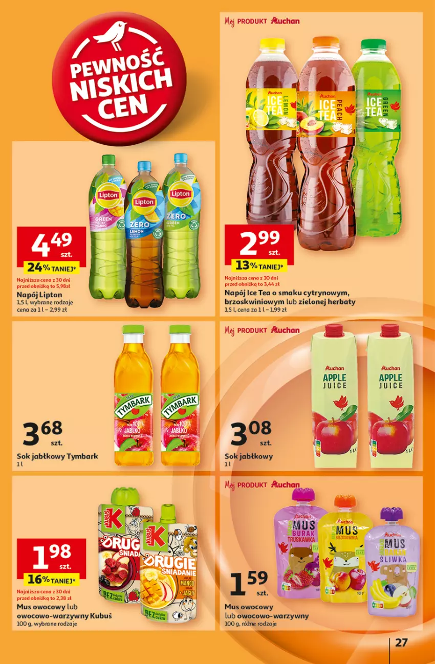 Gazetka promocyjna Auchan - Pewność Niskich Cen Hipermarket - ważna 03.10 do 09.10.2024 - strona 29 - produkty: Ice tea, Kubuś, Lipton, Mus, Napój, Sok, Sok jabłkowy, Tymbark