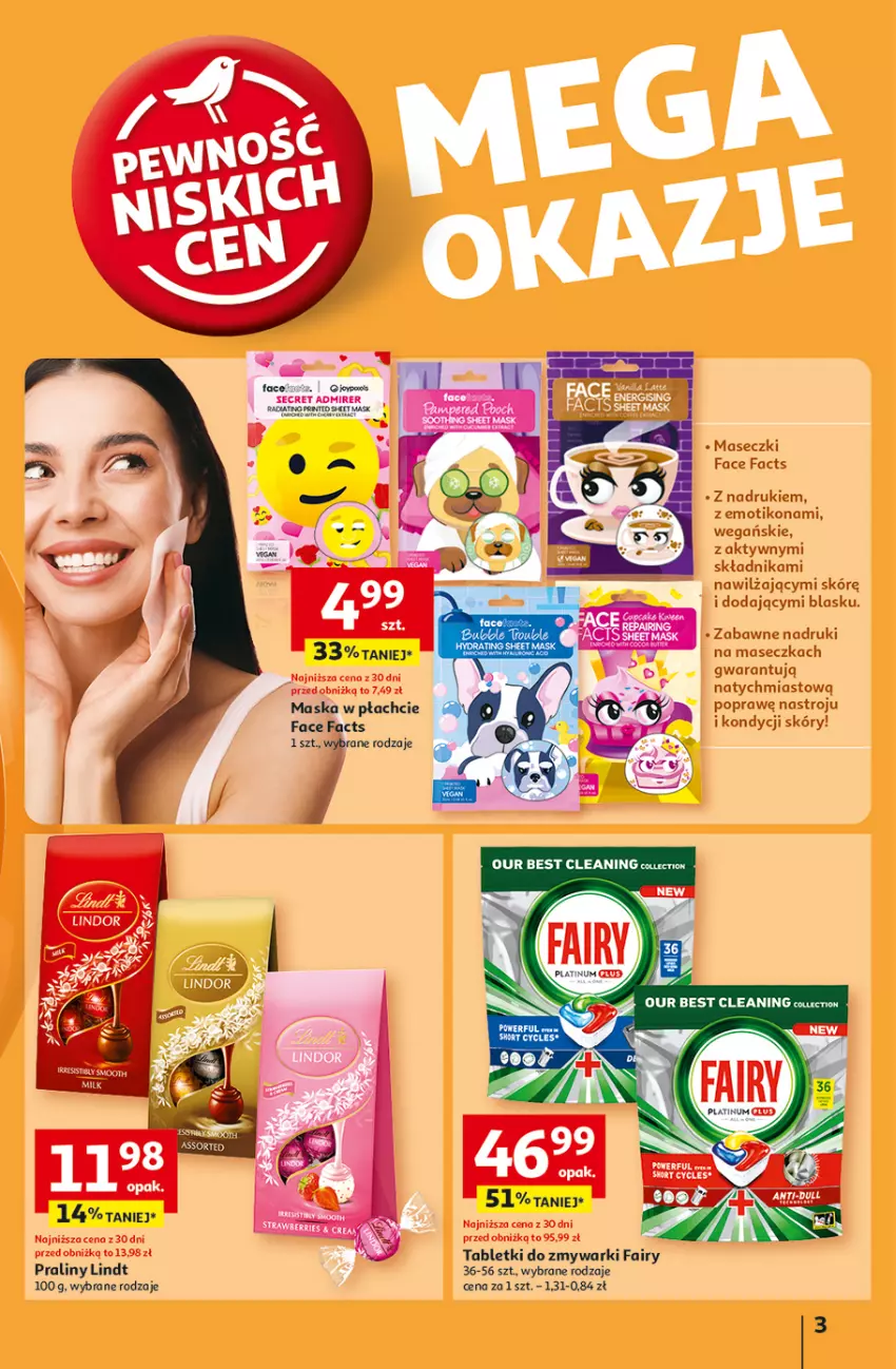 Gazetka promocyjna Auchan - Pewność Niskich Cen Hipermarket - ważna 03.10 do 09.10.2024 - strona 3 - produkty: Fa, Fairy, Lindt, Maska, Maska w płachcie, Praliny, Tablet, Tabletki do zmywarki, Zmywarki