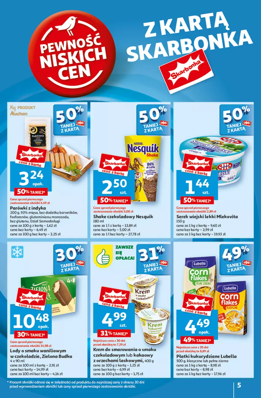 Gazetka promocyjna Auchan - Pewność Niskich Cen Hipermarket - ważna 03.10 do 09.10.2024 - strona 5 - produkty: Bell, Bella, Kakao, Lody, Lubella, Mleko, Mlekovita, Nesquik, Parówki, Parówki z indyka, Ser, Serek, Serek wiejski, Zielona Budka