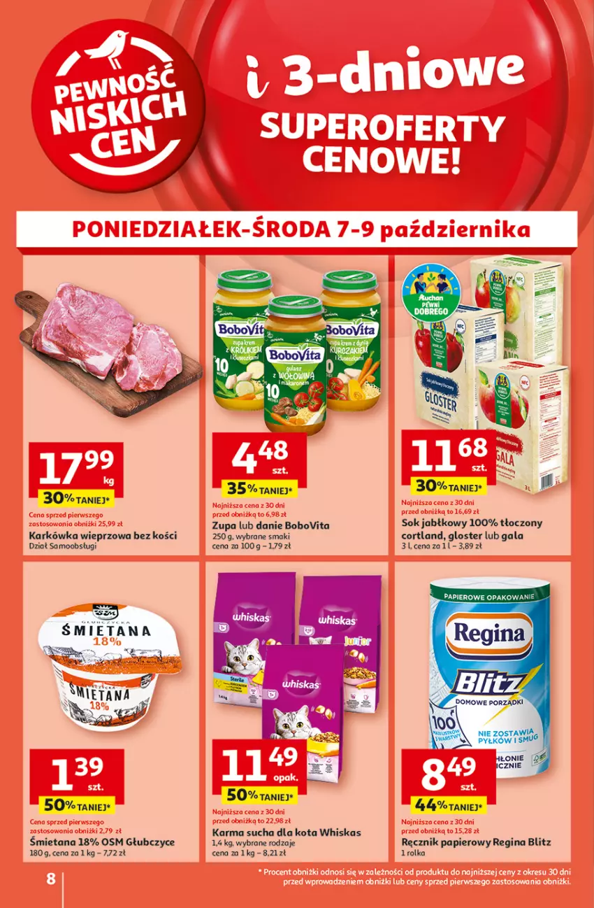 Gazetka promocyjna Auchan - Pewność Niskich Cen Hipermarket - ważna 03.10 do 09.10.2024 - strona 8 - produkty: BoboVita, Gala, Gin, Karkówka wieprzowa, Papier, Ręcznik, Sok, Sok jabłkowy, Whiskas, Zupa