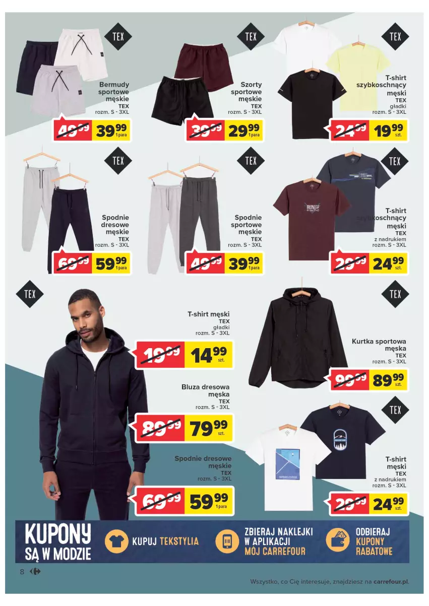 Gazetka promocyjna Carrefour - Gazetka Poznaj modne strony jesieni - ważna 06.09 do 17.09.2022 - strona 8 - produkty: Bermudy, Bluza, Bluza dresowa, Dres, Klej, Kurtka, Por, Spodnie, Spodnie dresowe, Sport, Szorty, T-shirt