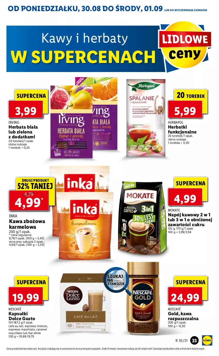 Gazetka promocyjna Lidl - GAZETKA - ważna 30.08 do 01.09.2021 - strona 33 - produkty: Chia, Dolce Gusto, Herbapol, Herbata, Inka, Irving, Kawa, Kawa rozpuszczalna, Kawa zbożowa, Napój, Nescafé, Torebka