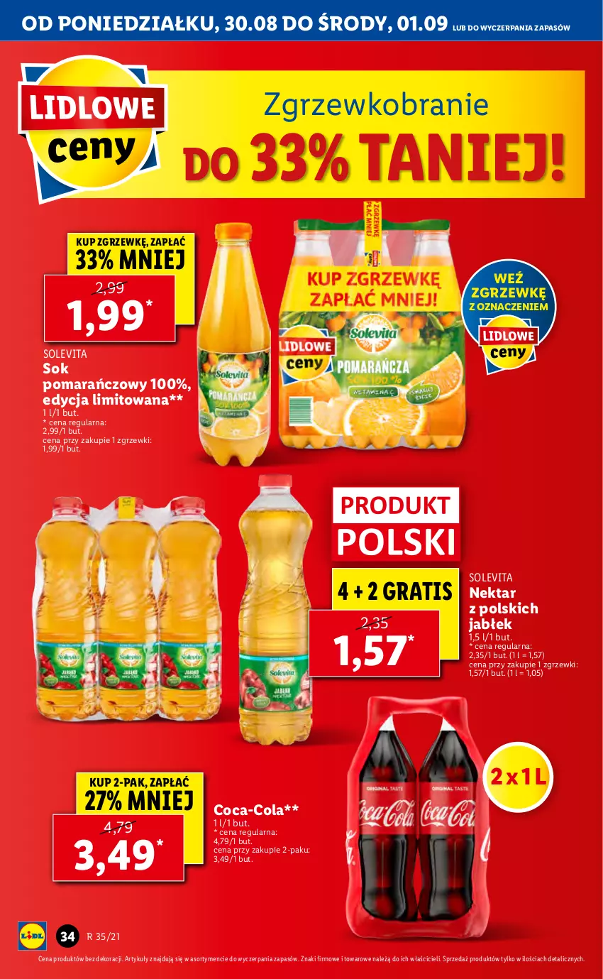 Gazetka promocyjna Lidl - GAZETKA - ważna 30.08 do 01.09.2021 - strona 34 - produkty: Coca-Cola, Gra, Nektar, Sok, Sok pomarańczowy