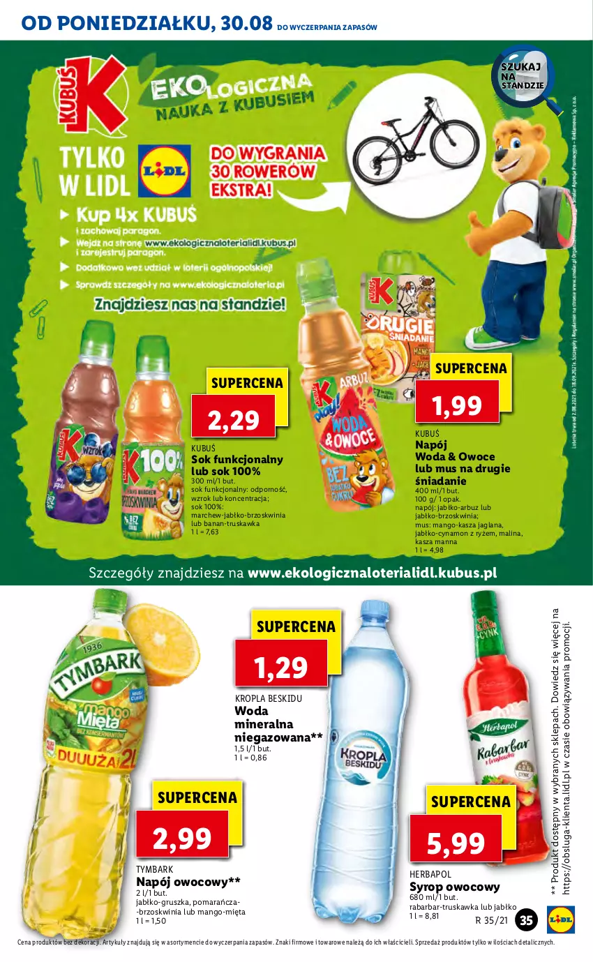 Gazetka promocyjna Lidl - GAZETKA - ważna 30.08 do 01.09.2021 - strona 35 - produkty: Arbuz, Herbapol, Kasza, Kasza jaglana, Kubuś, LANA, Mango, Mięta, Mus, Napój, Owoce, Por, Ryż, Sok, Syrop, Tymbark, Woda, Woda mineralna