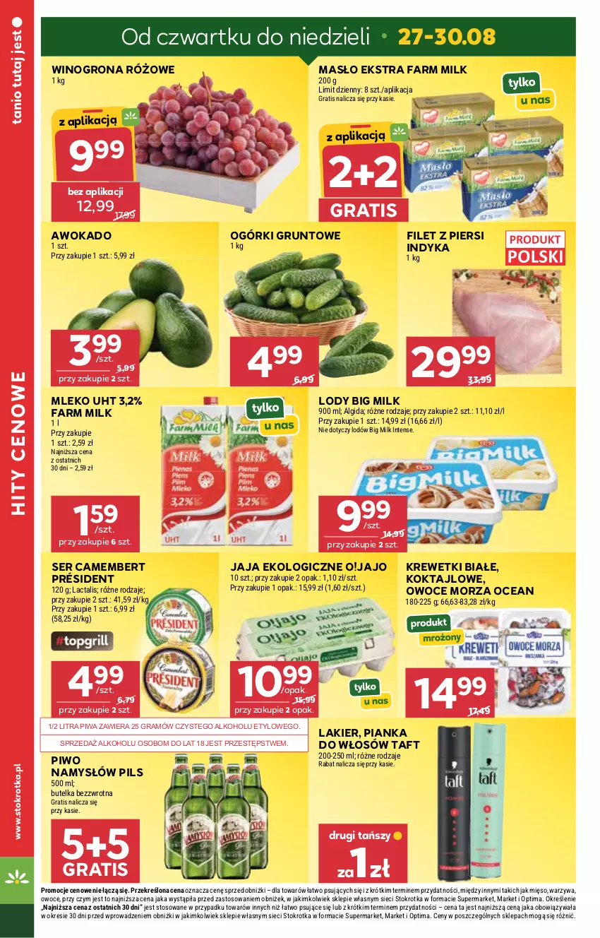 Gazetka promocyjna Stokrotka - Market - ważna 27.08 do 02.09.2026 - strona 4 - produkty: Algida, Big Milk, Camembert, Fa, Farm Milk, Filet z piersi indyka, Gra, Grunt, Jaja, Krewetki, Lakier, LG, Lody, Masło, Mięso, Mleko, Namysłów, Optima, Owoce, Owoce morza, Pianka do włosów, Piwa, Piwo, Président, Ser, Taft, Warzywa, Wino, Winogrona