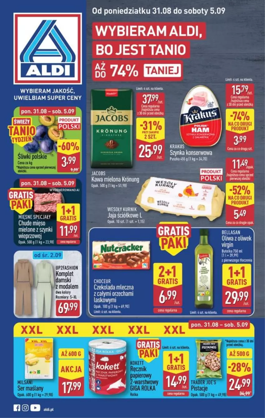 Gazetka promocyjna Aldi - Pełna oferta - ważna 31.08 do 05.09.2026 - strona 1 - produkty: Bell, Bella, Czekolada, Czekolada mleczna, Fa, Gra, HP, Jacobs, Jaja, Kawa, Kawa mielona, Moda, Ser, Szynka, Szynka konserwowa