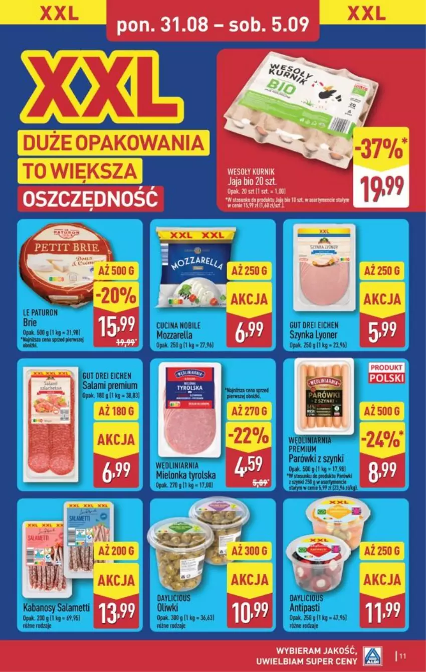Gazetka promocyjna Aldi - Pełna oferta - ważna 31.08 do 05.09.2026 - strona 11 - produkty: Brie, Jaja, Kabanos, Mozzarella, Oliwki, Parówki, Parówki z szynki, Szynka