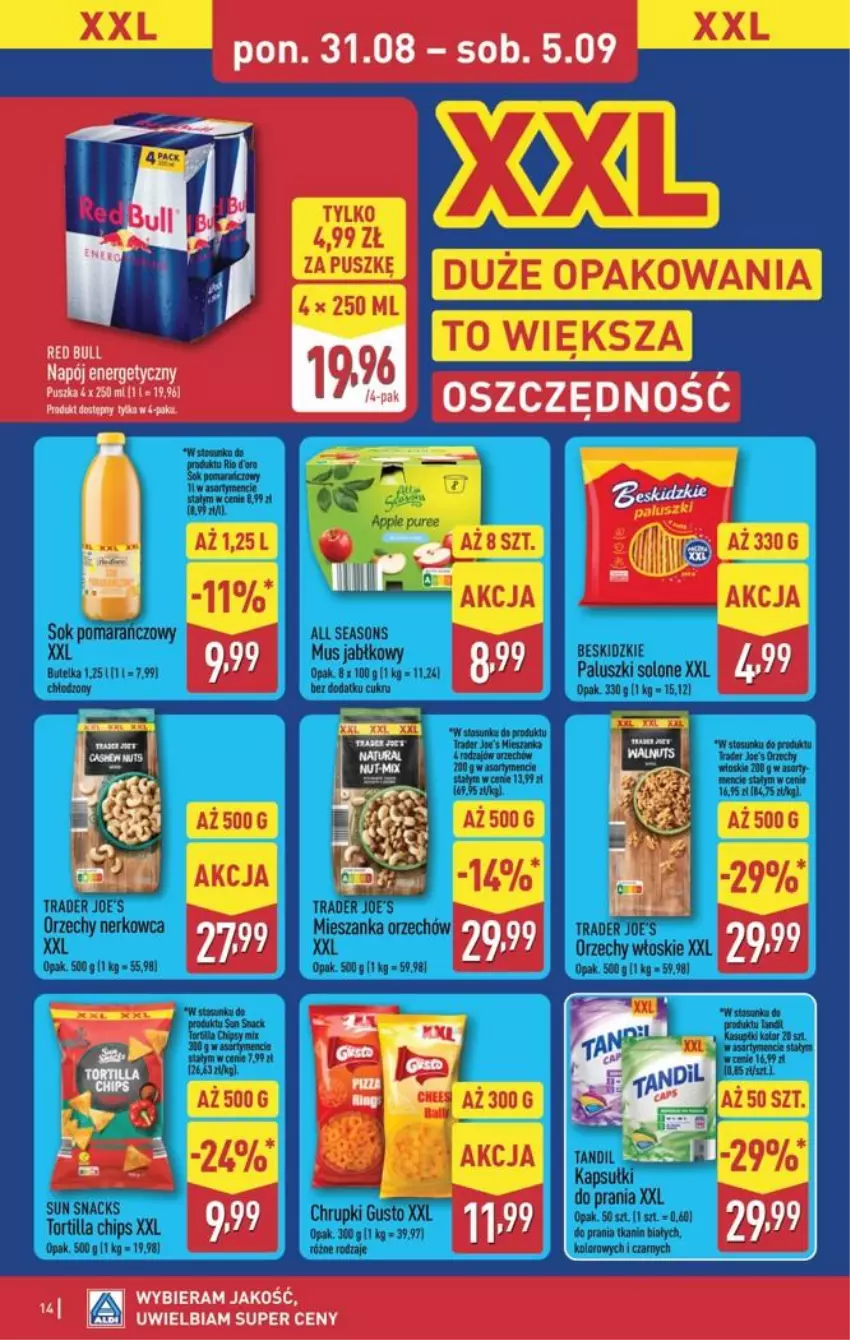 Gazetka promocyjna Aldi - Pełna oferta - ważna 31.08 do 05.09.2026 - strona 14 - produkty: All Seasons, Beskidzki, Chrupki, LG, Mus, Napój, Napój energetyczny, Orzechy włoskie, Tortilla, Tortilla Chips
