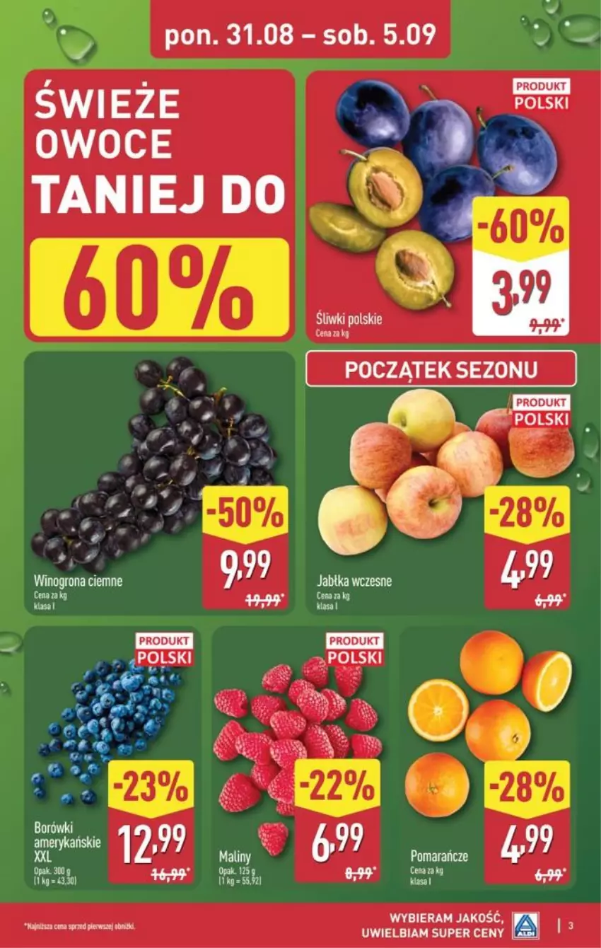 Gazetka promocyjna Aldi - Pełna oferta - ważna 31.08 do 05.09.2026 - strona 3 - produkty: Jabłka, Maliny, Owoce, Pomarańcze, Wino, Winogrona