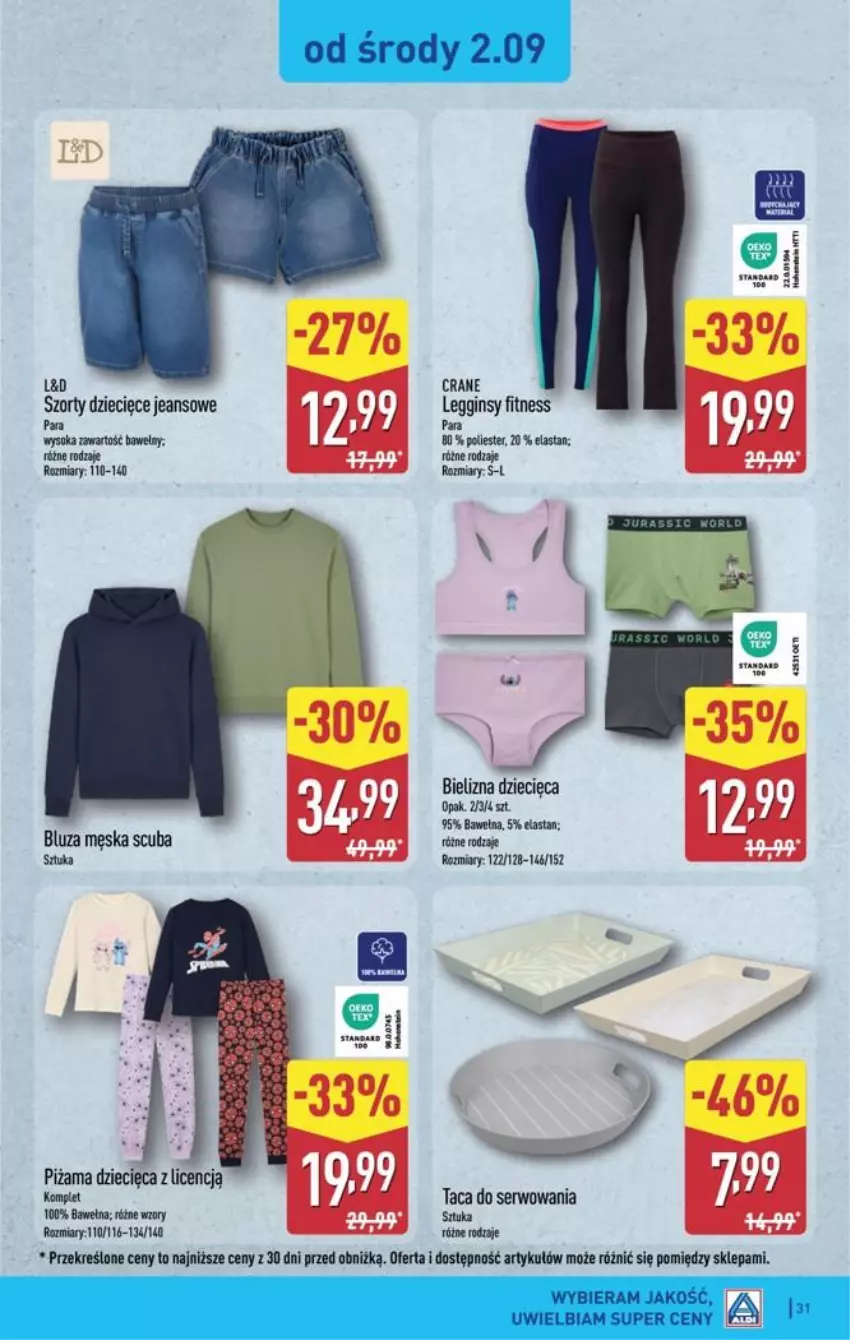 Gazetka promocyjna Aldi - Pełna oferta - ważna 31.08 do 05.09.2026 - strona 31 - produkty: Bielizna, Bluza, Dzieci, Gin, Legginsy, Piżama, Ser, Sok, Szorty, Taca, Wełna