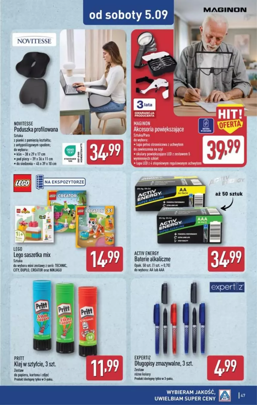 Gazetka promocyjna Aldi - Pełna oferta - ważna 31.08 do 05.09.2026 - strona 47 - produkty: Baterie alkaliczne, Długopis, Gin, Klej, LEGO, Papier, Poduszka, Ser