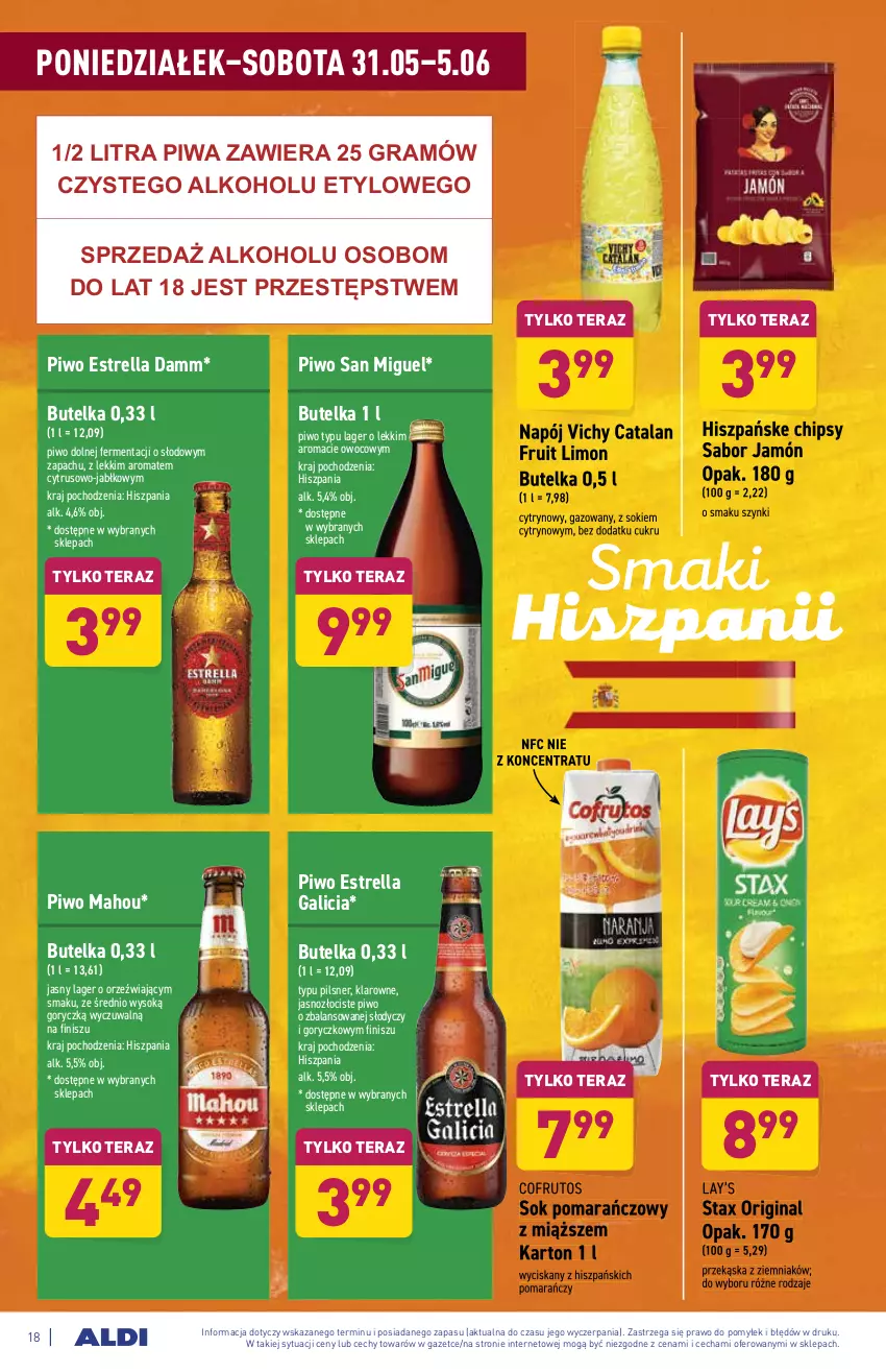 Gazetka promocyjna Aldi - ważna 31.05 do 05.06.2021 - strona 18 - produkty: Chipsy, Gin, Gra, Lay’s, Napój, Piwa, Piwo, Sok, Sok pomarańczowy, Tera, Vichy