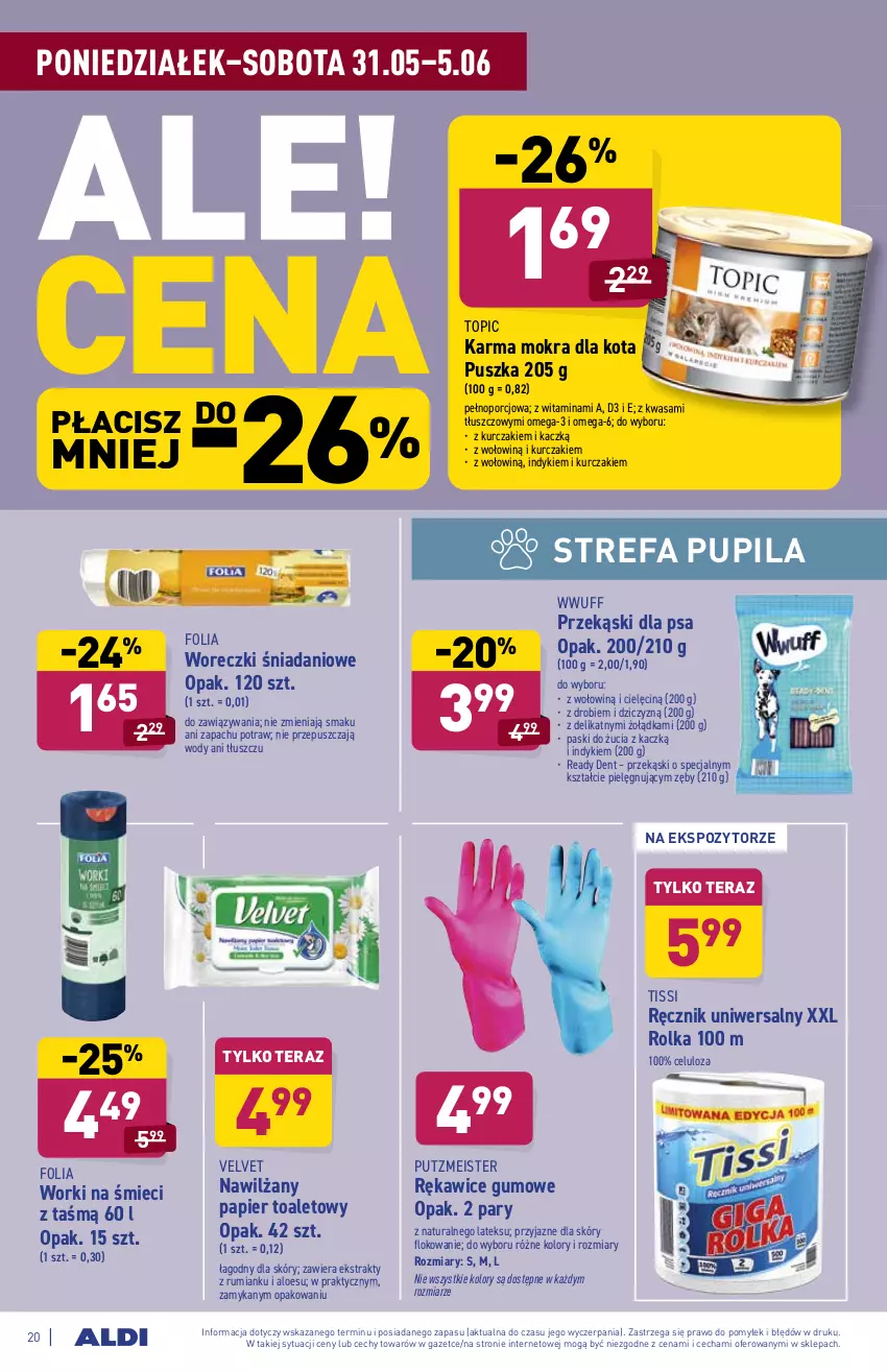 Gazetka promocyjna Aldi - ważna 31.05 do 05.06.2021 - strona 20 - produkty: Danio, Fa, Kurczak, Nawilżany papier, Omega-3, Papier, Papier toaletowy, Por, Przekąski dla psa, Putzmeister, Ręcznik, Rękawice, Rum, Tera, Top, Velvet, Wasa, Worki na śmiec, Worki na śmieci