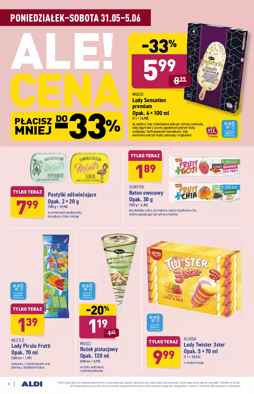 Gazetka promocyjna Aldi - ważna 31.05 do 05.06.2021 - strona 8 - produkty: Algida, Baton, Borówka, Chia, Jagody, Jagody goji, Jogurt, Kakao, LG, Lody, Mango, Nestlé, Owoce, Pastylki, Sati, Sos, Tera