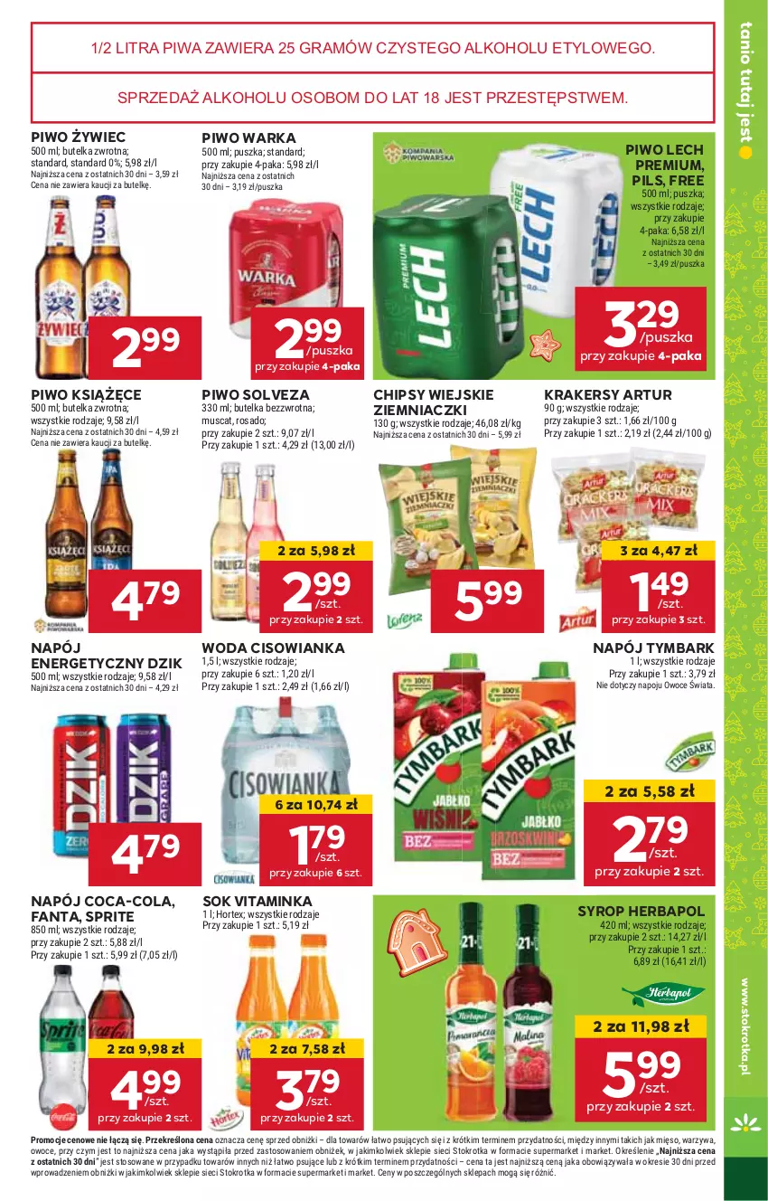 Gazetka promocyjna Stokrotka - Supermarket - ważna 12.12 do 18.12.2024 - strona 43 - produkty: Artur, Chipsy, Cisowianka, Coca-Cola, Fa, Fanta, Gra, Herbapol, HP, Inka, Krakersy, Książęce, Lech Premium, Napój, Napój energetyczny, Piwa, Piwo, Sok, Sprite, Syrop, Tymbark, Warka, Woda