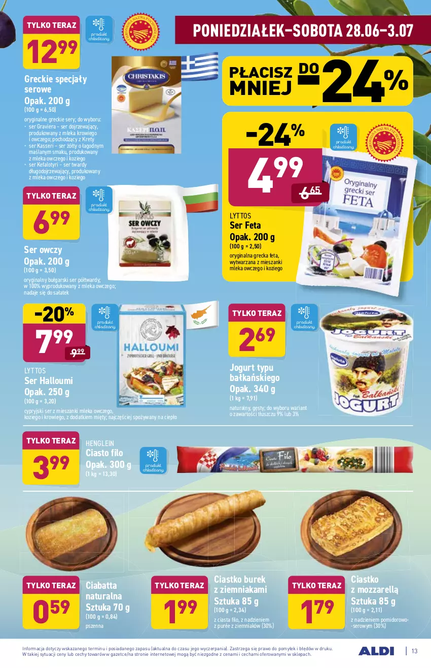 Gazetka promocyjna Aldi - ważna 28.06 do 03.07.2021 - strona 13 - produkty: Ciabatta, Fa, Feta, Gin, Gra, Jogurt, Kret, Pur, Sałat, Ser, Ser owczy, Tera