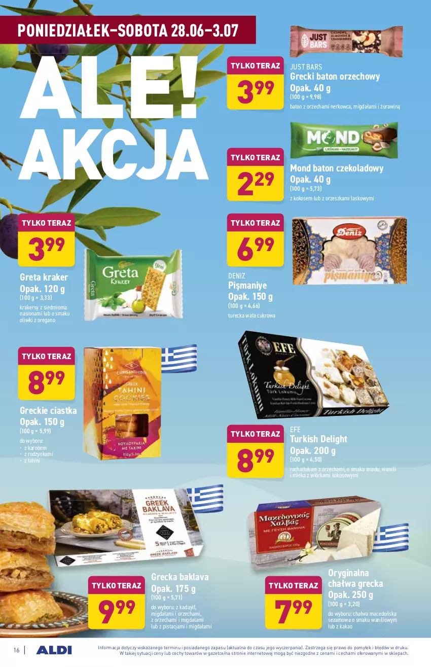 Gazetka promocyjna Aldi - ważna 28.06 do 03.07.2021 - strona 16 - produkty: Baton, Chałwa, Ciastka, Gin, Kakao, Kokos, Krakersy, Oliwki, Sezam, Tera, Wata cukrowa