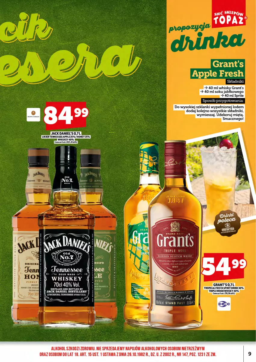 Gazetka promocyjna Topaz - Gazetka - ważna 01.09 do 14.09.2025 - strona 11 - produkty: Fa, Gra, Grant's, Jack Daniel's, Lanki, Likier, Olej, Sok, Sprite, Tropical, Whiskey, Whisky