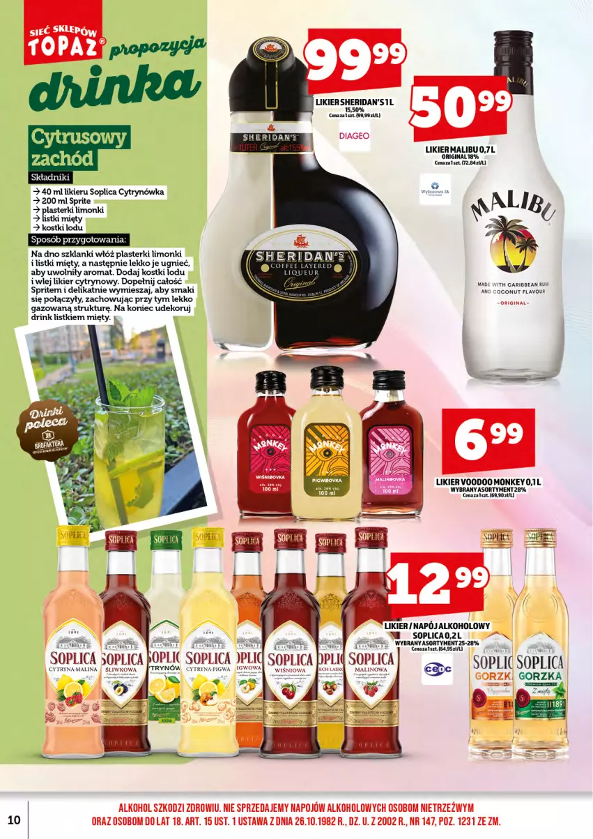 Gazetka promocyjna Topaz - Gazetka - ważna 01.09 do 14.09.2025 - strona 12 - produkty: Gin, Lanki, Likier, Malibu, Napój, Plasterki, Rum, Sheridan's, Soplica, Sprite, Wyborowa