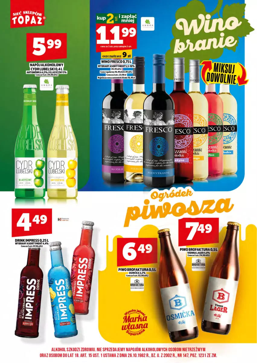 Gazetka promocyjna Topaz - Gazetka - ważna 01.09 do 14.09.2025 - strona 18 - produkty: Fa, Fresco, Piwo, Wino