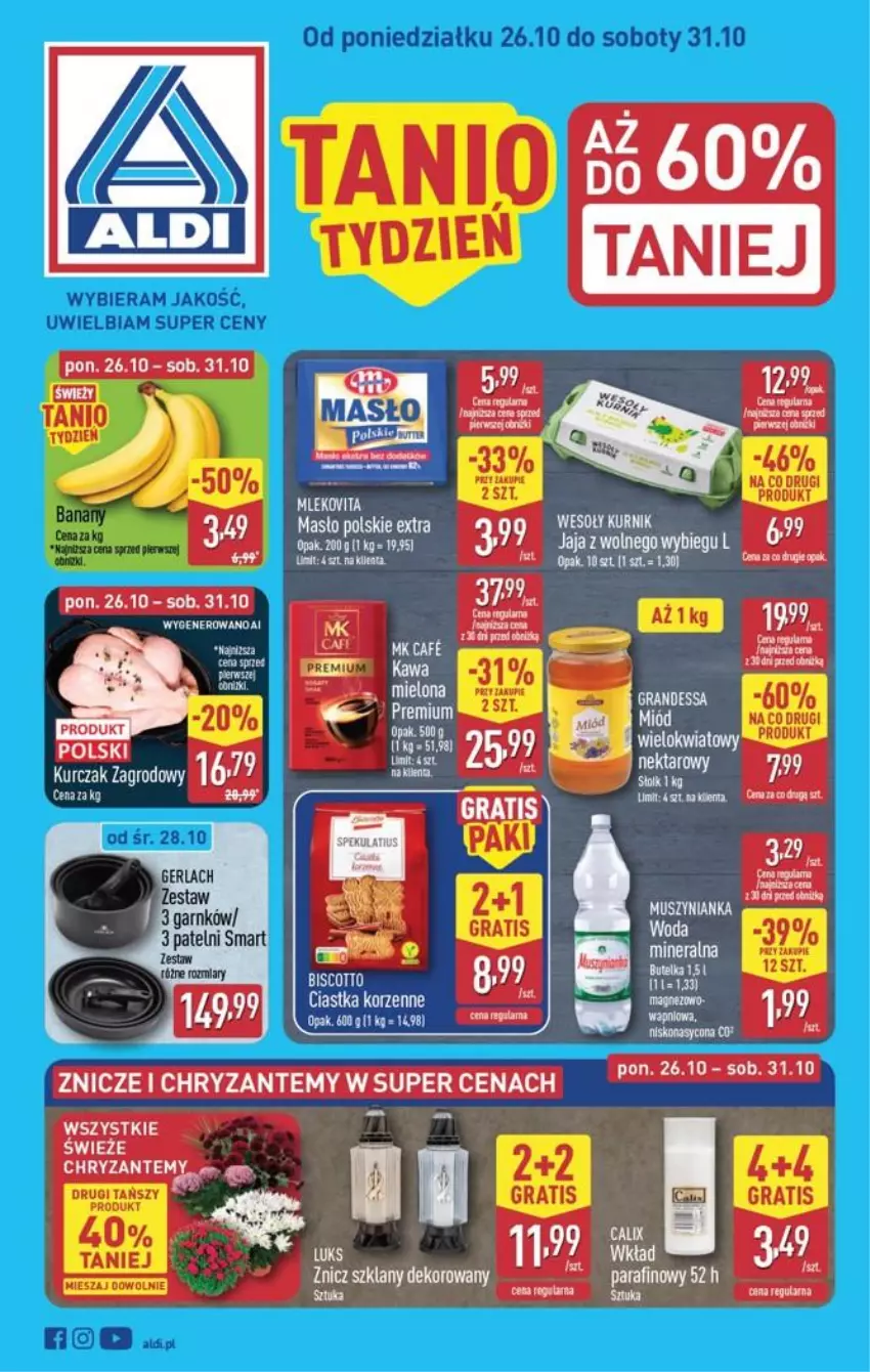 Gazetka promocyjna Aldi - Pełna oferta - ważna 26.10 do 31.10.2026 - strona 1 - produkty: Ciastka, Gra, Kawa, Masło, Mus, Muszynianka, Wełna, Znicz