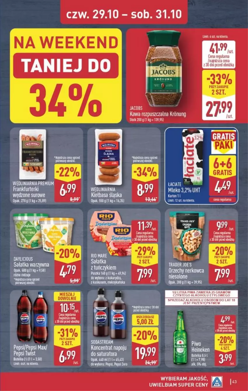 Gazetka promocyjna Aldi - Pełna oferta - ważna 26.10 do 31.10.2026 - strona 43 - produkty: Dada, Frankfurterki, Gala, Gra, Jacobs, Kasia, Kawa, Kawa rozpuszczalna, Kiełbasa, Mleko, Pepsi, Pepsi max, Piwa, Piwo, Sałat, Sałatka, Ser