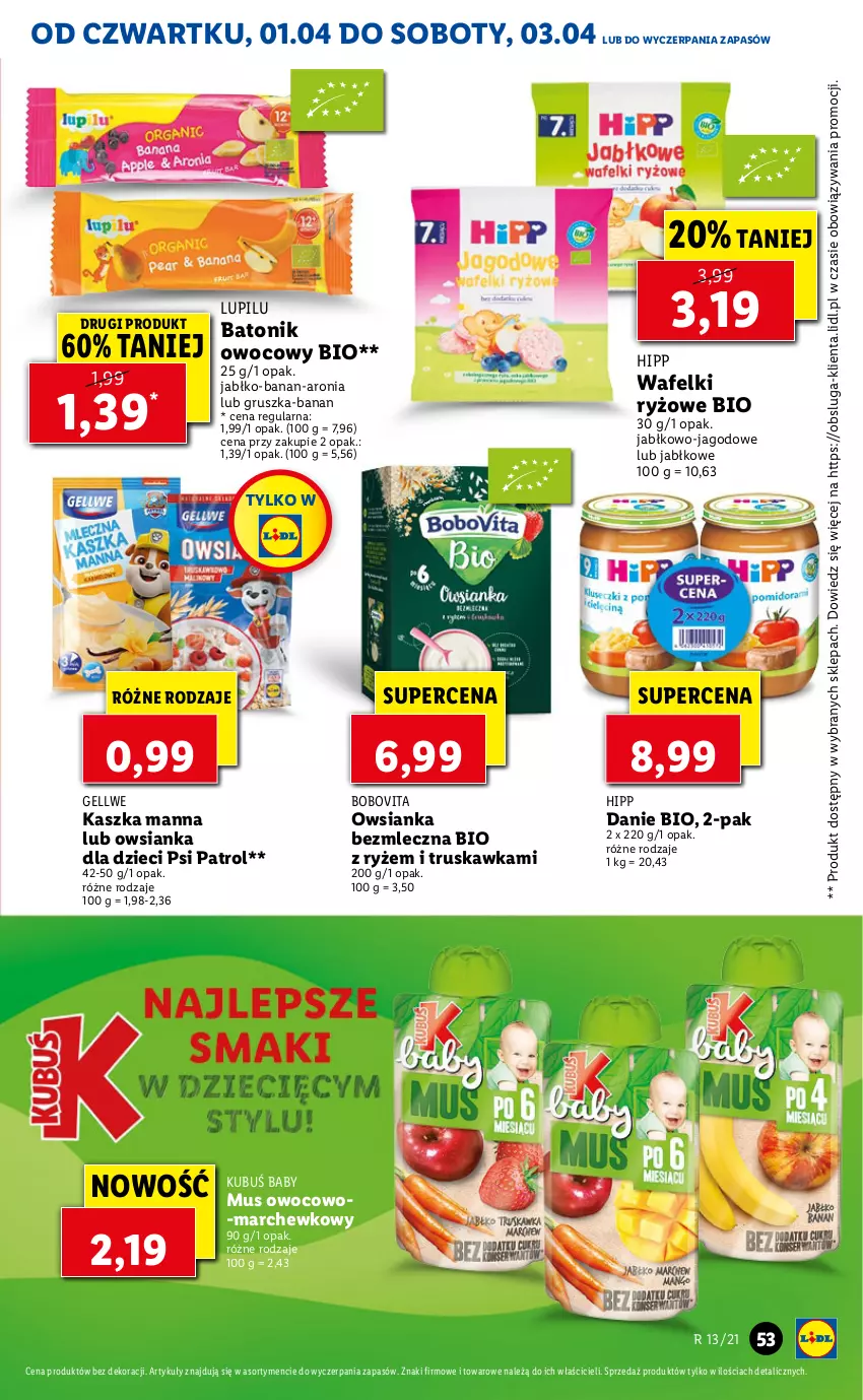 Gazetka promocyjna Lidl - GAZETKA - ważna 01.04 do 03.04.2021 - strona 53 - produkty: Aronia, Baton, BoboVita, Dzieci, HiPP, Kubuś, Mus, Owsianka, Psi Patrol, Ryż, Tonik