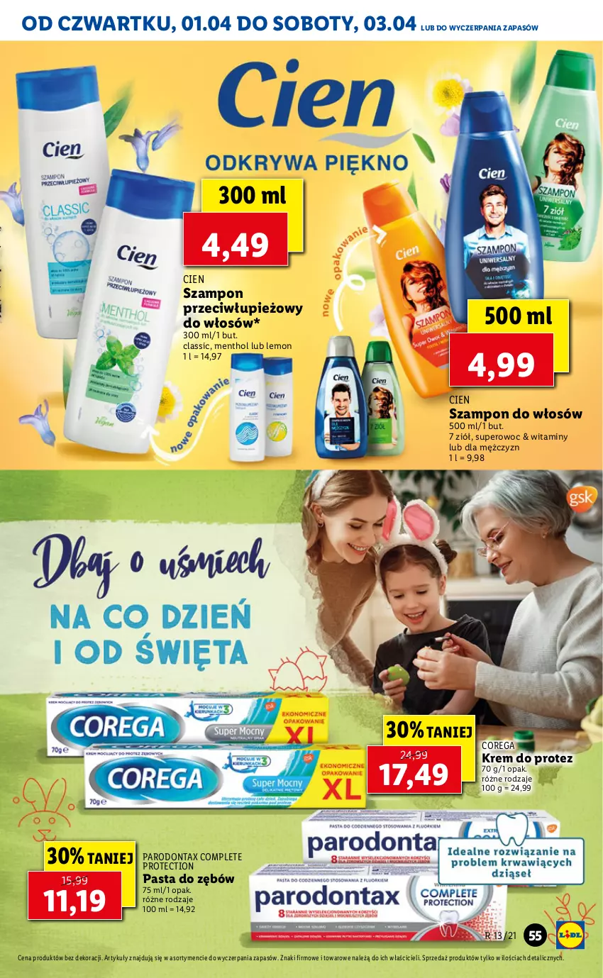 Gazetka promocyjna Lidl - GAZETKA - ważna 01.04 do 03.04.2021 - strona 55 - produkty: Corega, Parodontax, Pasta do zębów, Szampon