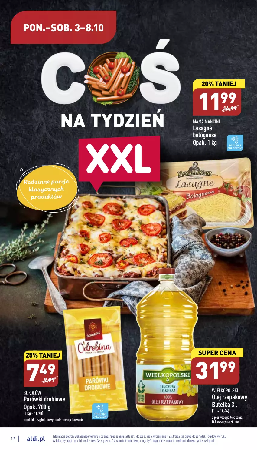 Gazetka promocyjna Aldi - Pełny katalog - ważna 03.10 do 08.10.2022 - strona 12 - produkty: Lasagne, Lasagne bolognese, Olej, Olej rzepakowy, Parówki, Por, Sok, Sokołów